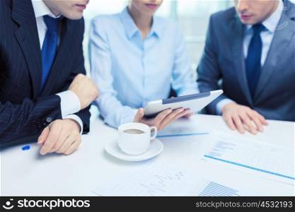 business and office concept - close up of business team with chart, graph, tablet pc and coffee