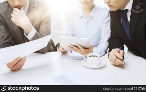 business and office concept - close up of business team with chart, graph, tablet pc and coffee