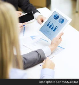 business and office concept - close up of business team with graph on tablet pc screen and coffee in office