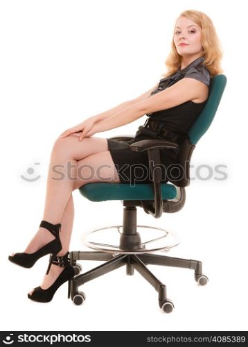 business and office concept - elegant businesswoman in full length sitting on a chair. Isolated
