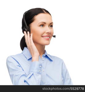 business and office concept - friendly female helpline operator with headphones