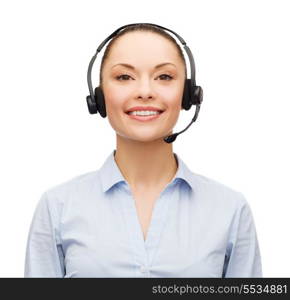 business and office concept - friendly female helpline operator with headphones