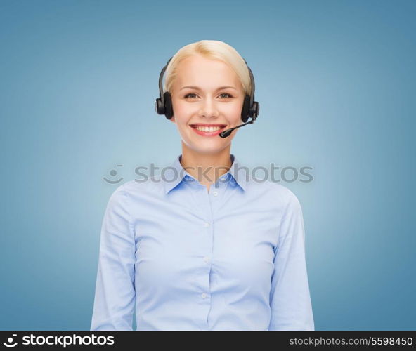 business and office concept - friendly female helpline operator with headphones