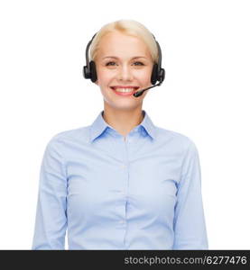 business and office concept - friendly female helpline operator with headphones