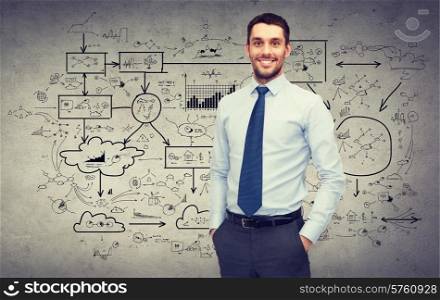 business and office concept - handsome buisnessman and big business plan on the back