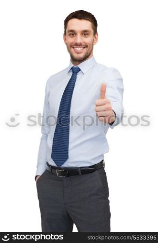 business and office concept - handsome buisnessman showing thumbs up