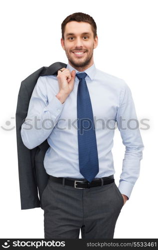 business and office concept - handsome buisnessman with jacket over shoulder