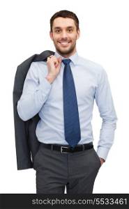 business and office concept - handsome buisnessman with jacket over shoulder
