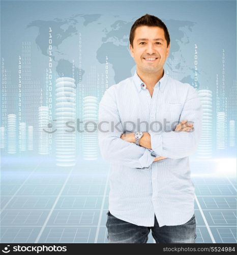 business and office concept - handsome smiling man in casual shirt