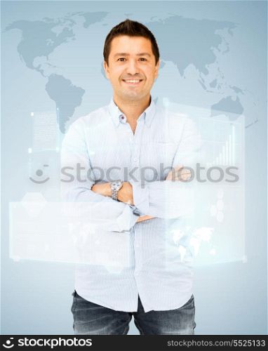 business and office concept - handsome smiling man in casual shirt