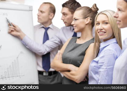 business and office concept - smiling business team with charts on flip board having discussion