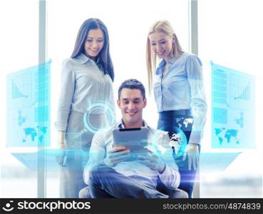 business and office concept - smiling business team working with tablet pc in office. business team working with tablet pc in office