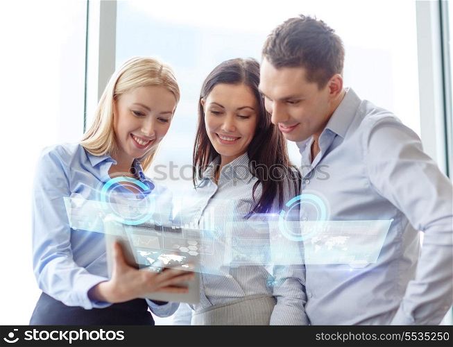 business and office concept - smiling business team working with tablet pc in office