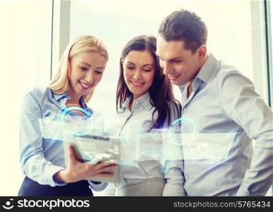 business and office concept - smiling business team working with tablet pc in office