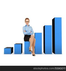business and office concept - smiling businesswoman in eyeglasses sitting on a growing chart