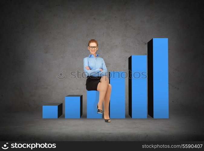 business and office concept - smiling businesswoman in eyeglasses sitting on a growing chart