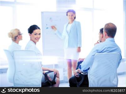 business and office concept - smiling businesswoman on business meeting in office. businesswoman on business meeting in office