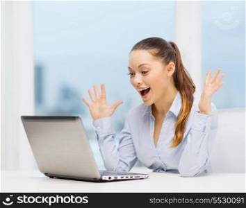 business and office concept - surprised businesswoman using her laptop computer