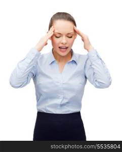 business and office concept - upset businesswoman having headache