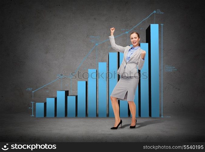 business and office concept - young happy businesswoman with hands up