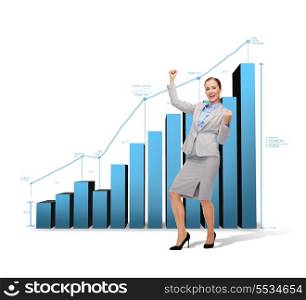 business and office concept - young happy businesswoman with hands up and growing chart on the back