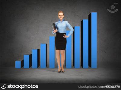 business and office concept - young smiling businesswoman with folder and growing chart on the back