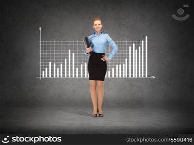 business and office concept - young smiling businesswoman with folder and growing chart on the back