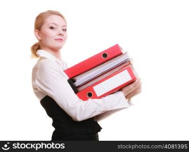 Business and paperwork. Busy businesswoman carrying stack of folders with files documents isolated on white.