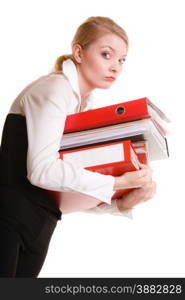 Business and paperwork. Young overworked businesswoman holding stack of folders documents. Busy woman working in office.