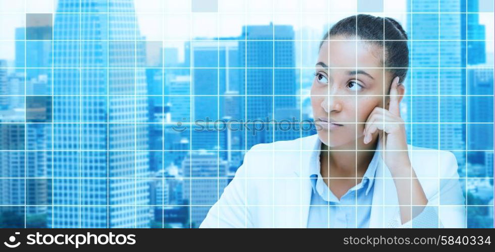 business and people concept - african american businesswoman looking up and thinking over city and blue grid background. african businesswoman looking up and thinking