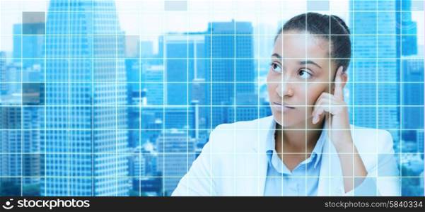 business and people concept - african american businesswoman looking up and thinking over city and blue grid background. african businesswoman looking up and thinking