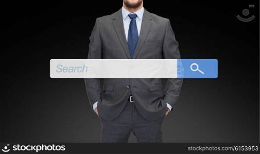 business and people concept - close up of businessman in suit with internet search bar. close up of businessman with internet search bar