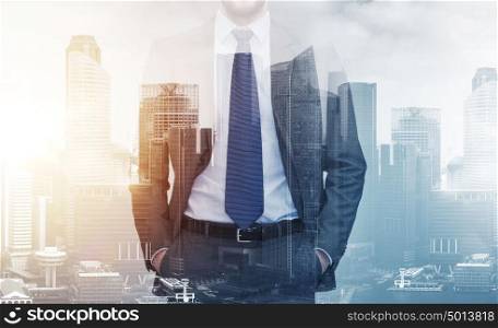 business and people concept - close up of businessman over city buildings background and double exposure effect. close up of businessman over city buildings