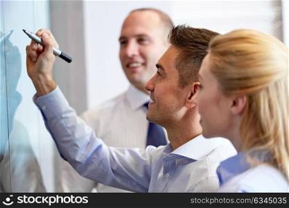 business and people concept - happy coworkers with marker writing on glass board. business team with marker writing on glass board