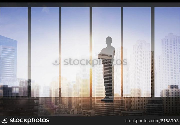 business and people concept - silhouette of business man over double exposure office and city background. silhouette of business man over office background