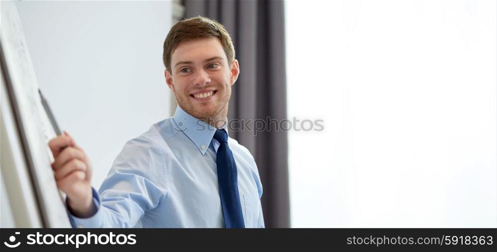 business and people concept - smiling businessman pointing marker to flipboard on presentation in office. smiling businessman on presentation in office