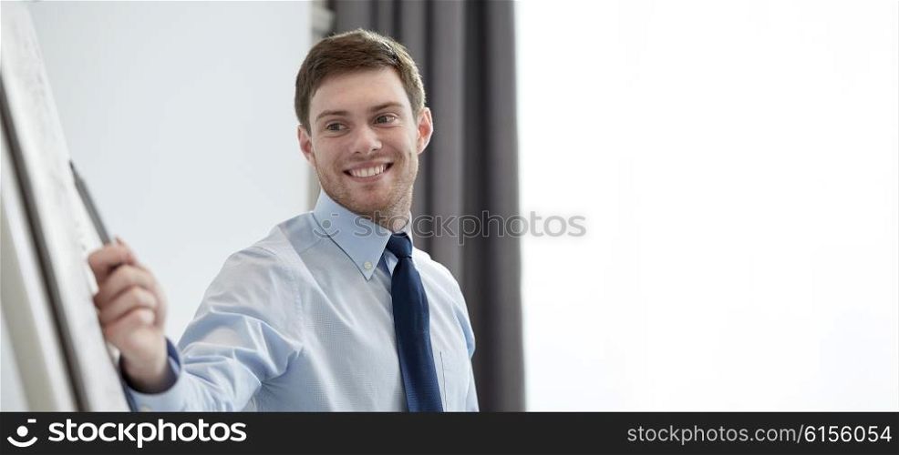 business and people concept - smiling businessman pointing marker to flipboard on presentation in office. smiling businessman on presentation in office