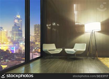 Business and relaxing corner in room with night city view outdoor.