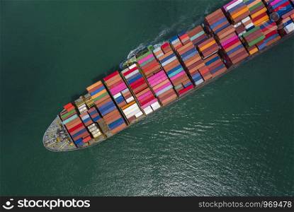 business and shipping cargo containers by special large shipping vessels service industry transportation import and export international products open sea aerial angle view from drone