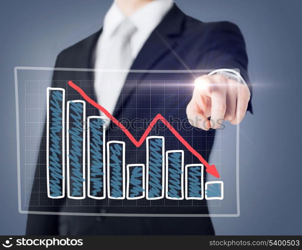 business and technology concept - businessman hand with chart on virtual screen