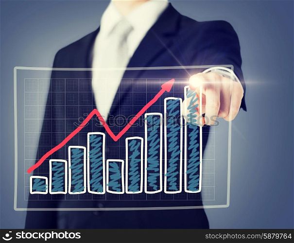 business and technology concept - businessman hand with chart on virtual screen