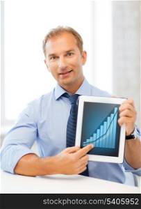 business and technology concept - businessman showing tablet pc with graph