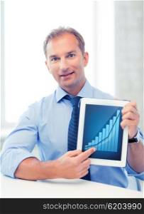 business and technology concept - businessman showing tablet pc with graph. businessman with tablet pc