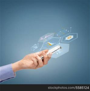 business and technology concept - close up of female hand with smartphone