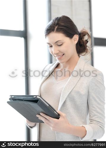 business and technology concept - happy woman with tablet pc computer