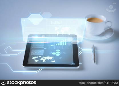 business and technology concept - tablet pc and virtual screen with cup of coffee