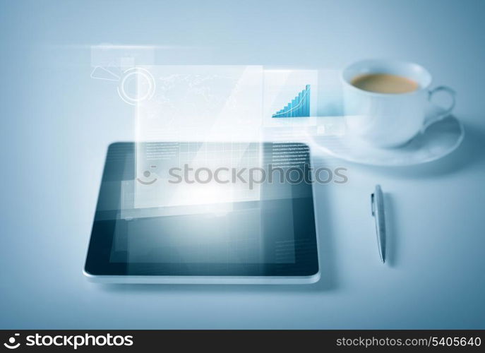 business and technology concept - tablet pc with virtual graph or chart