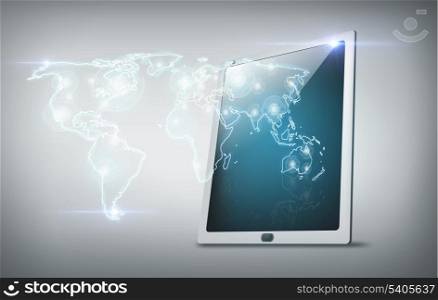 business and technology concept - tablet pc with world map
