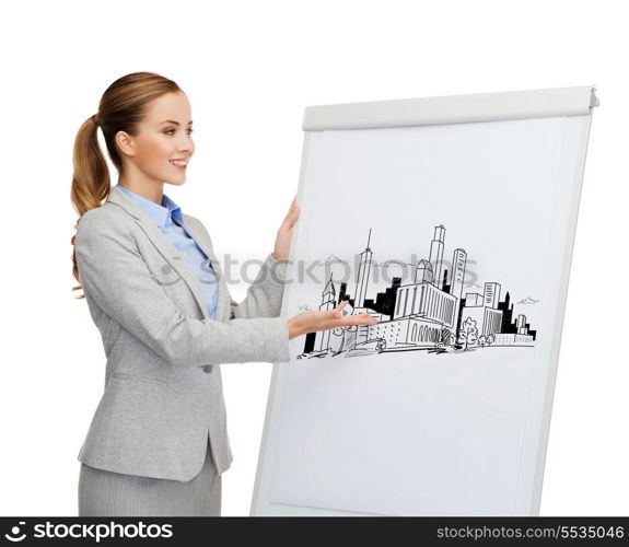 business, architecture and office concept - smiling businesswoman standing next to flip board and pointing hand at city sketch