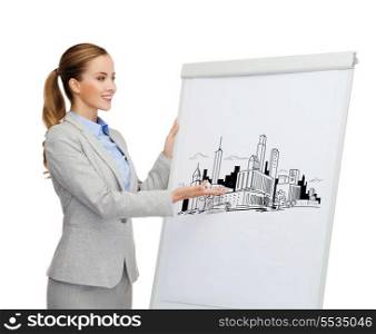 business, architecture and office concept - smiling businesswoman standing next to flip board and pointing hand at city sketch